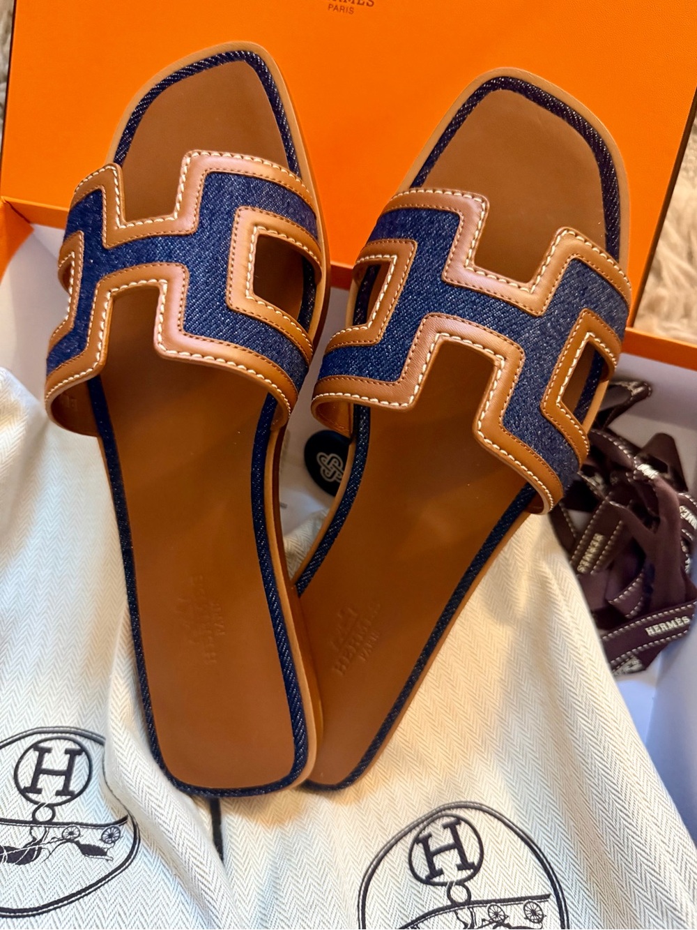 NEW Hermes Denim/Brown Leather Oran Slide Sandal sz 38.5